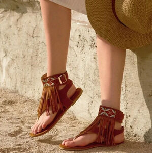 Women's Brown Embroidered Tassel Sandals Flat Boots
